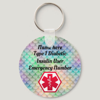 Diabetic Rainbow Alert Personalized Type 1 or 2 Keychain