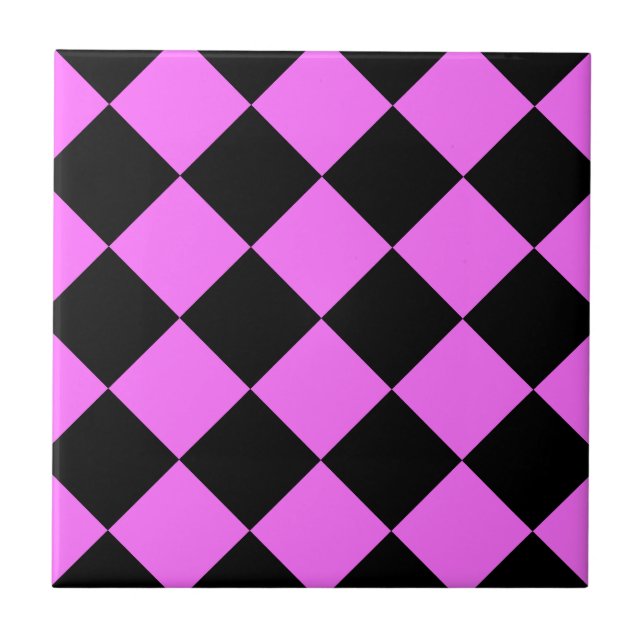Diag Checkered Large - Black and Ultra Pink Ceramic Tile (Front)