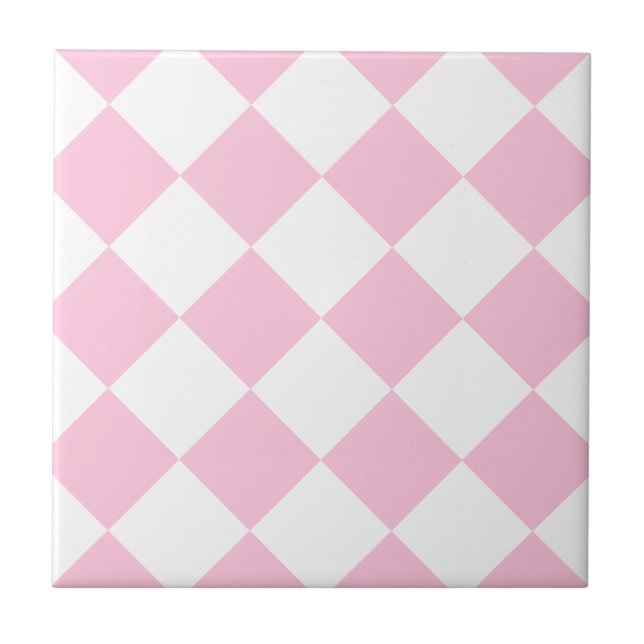 Diag Checkered Large - White and Cotton Candy Ceramic Tile (Front)