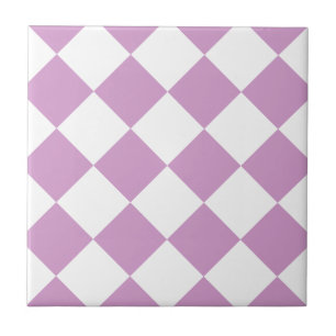 Diag Checkered Large - White and LightMediumOrchid Ceramic Tile