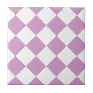 Diag Checkered Large - White and LightMediumOrchid Ceramic Tile