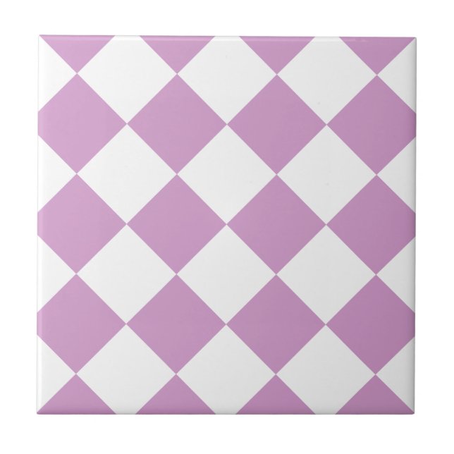 Diag Checkered Large - White and LightMediumOrchid Ceramic Tile (Front)