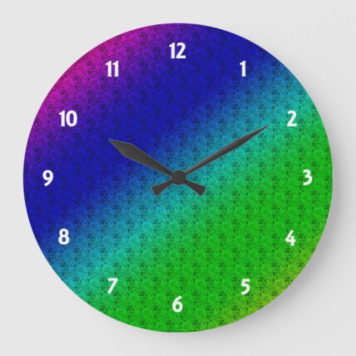 Diag Rainbow Gradient Floral Pattern Blue Green Large Clock