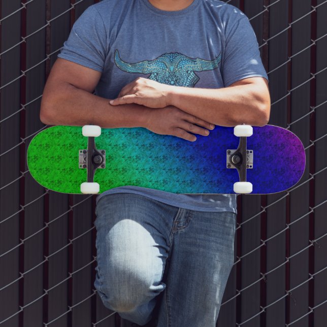 Diag Rainbow Gradient Floral Pattern Blue Green Skateboard Deck (Outdoor 3)