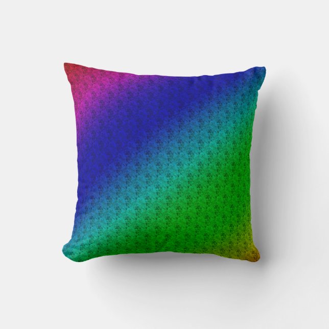 Diag Rainbow Gradient Floral Pattern Blue Green Throw Pillow (Front)