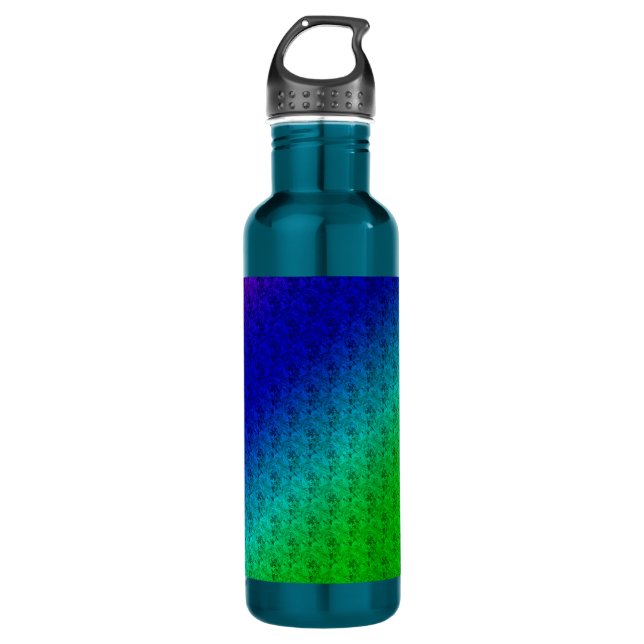 Diag Rainbow Gradient Floral Pattern Blue Green Water Bottle (Front)