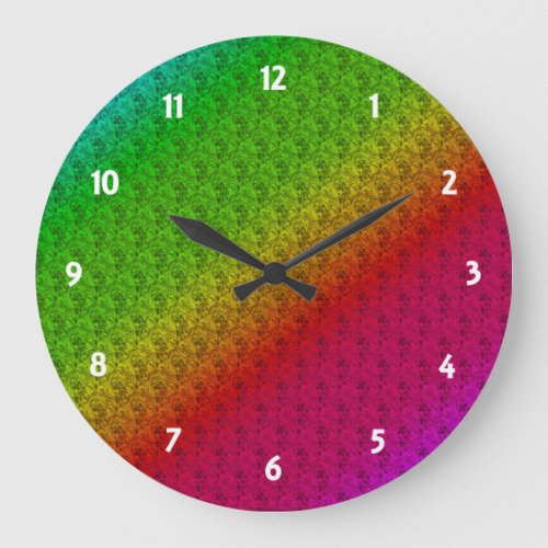 Diag Rainbow Gradient Floral Pattern Red Green Large Clock
