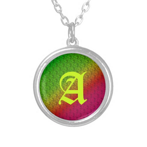 Diag Rainbow Gradient Floral Pattern Red Green Silver Plated Necklace