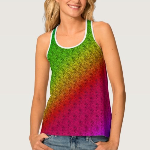 Diag Rainbow Gradient Floral Pattern Red Green Tank Top
