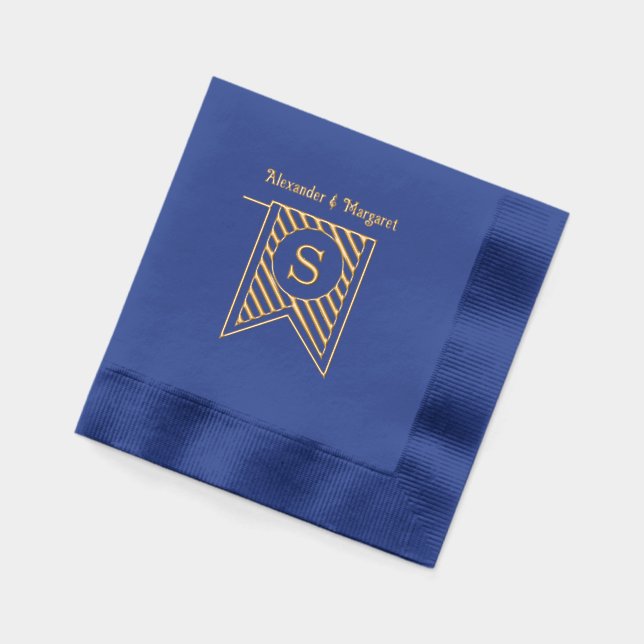 Diag Stripe Banner Monogram Names Couple Wedding Foil Napkins (Left)