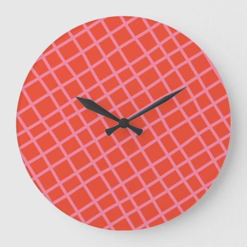 Diagonal Abstract Checkered Lines Pattern in Red Large Clock