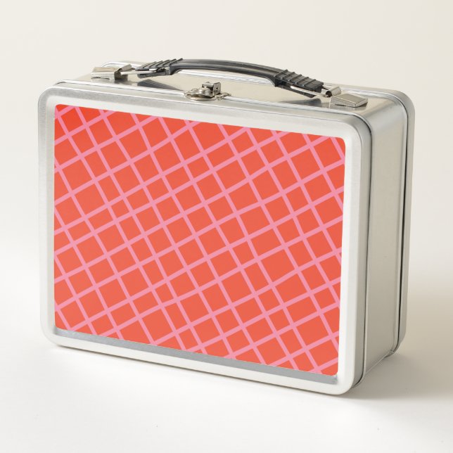 Diagonal Abstract Checkered Lines Pattern in Red Metal Lunch Box (Front)
