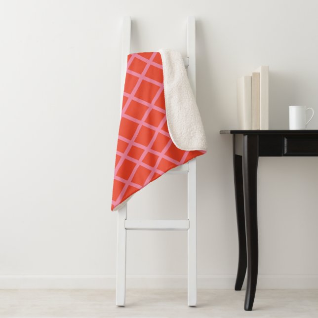 Diagonal Abstract Checkered Lines Pattern in Red Sherpa Blanket (In Situ)