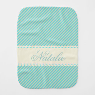Diagonal Aqua Blue Cream Stripes Custom Name Baby Burp Cloth