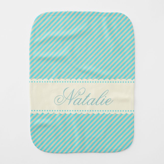 Diagonal Aqua Blue Cream Stripes Custom Name Baby Burp Cloth (Front)