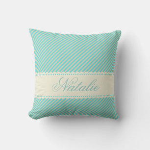 Diagonal Aqua Blue Cream Stripes Custom Name Throw Pillow