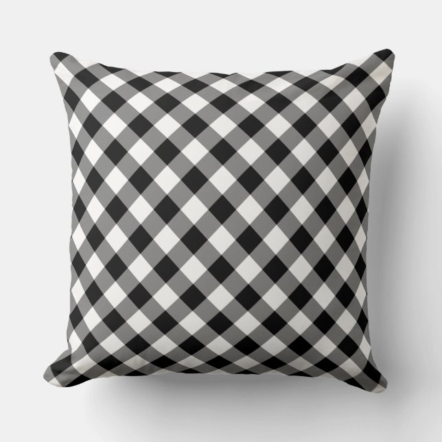 Diagonal Black and White Checked Plaid Throw Pillow (Front)