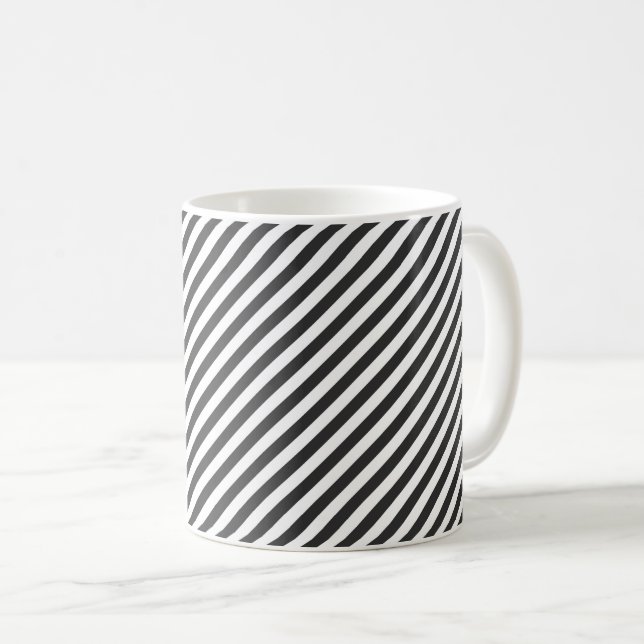 Diagonal black and white stripes  pattern coffee mug (Front Right)