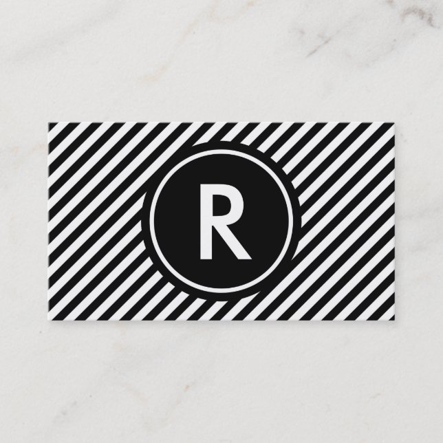 Diagonal Black and White Stripes With Monogram Business Card (Front)