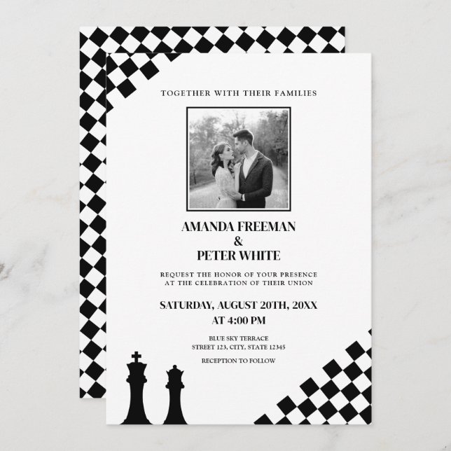 Diagonal Black Chess Bold Checkers Wedding Invitation (Front/Back)