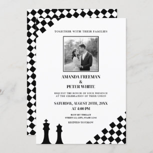 Diagonal Black Chess Bold Checkers Wedding Invitation