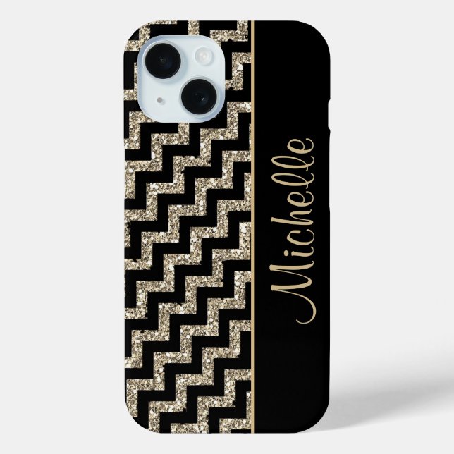 Diagonal Black Chevron Gold Personalized Case-Mate iPhone Case (Back)