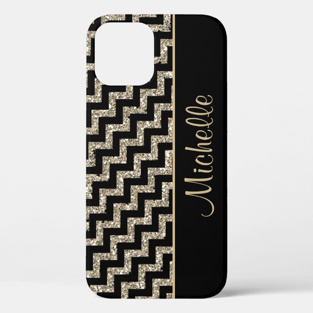 Diagonal Black Chevron Gold Personalized Case-Mate iPhone Case (Back)