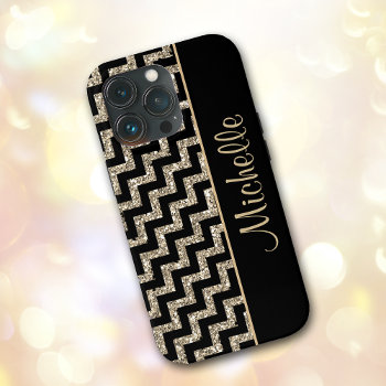 Diagonal Black Chevron Gold Personalized Iphone 13 Pro Case by MegaCase at Zazzle