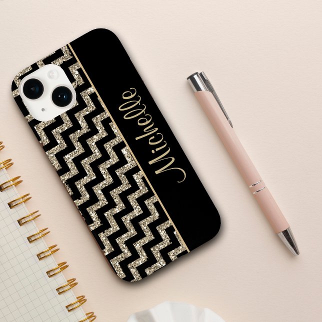 Diagonal Black Chevron Gold Personalized Case-Mate iPhone Case (Creator Uploaded)