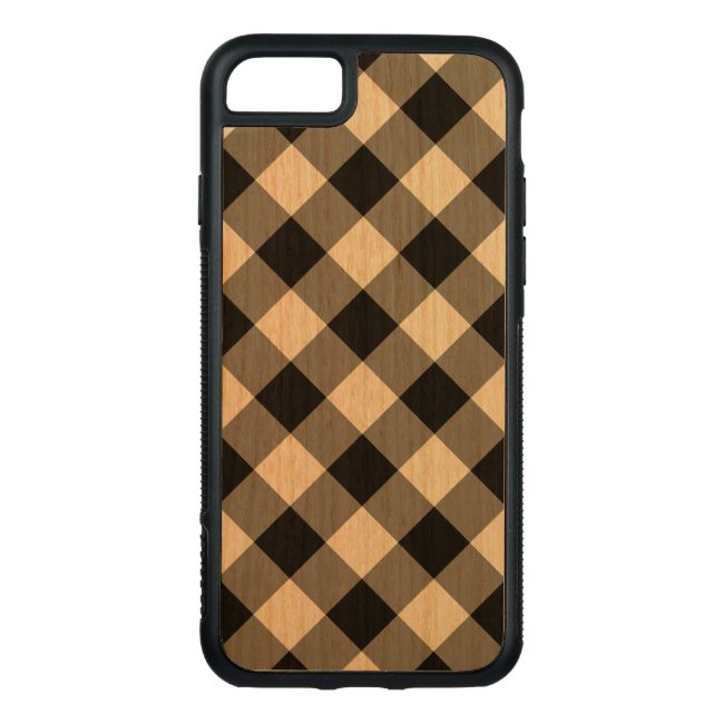 Diagonal Black Gingham Pattern on Cherry Wood iPhone 7 Case