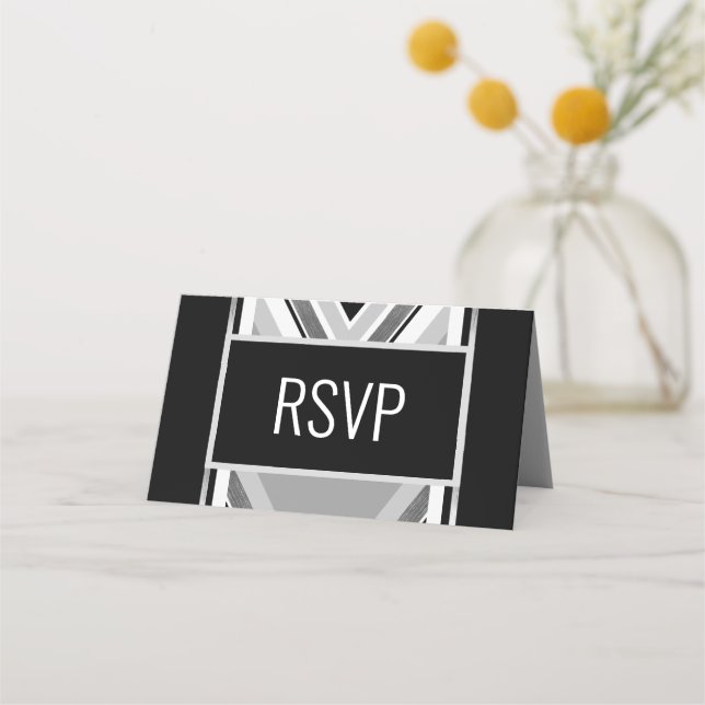 Diagonal black, grey, metallic striped place card (Front)