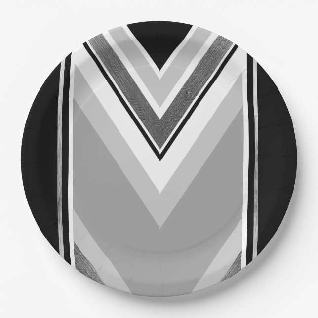 Diagonal black, grey, metallic striped print paper plates (Front)