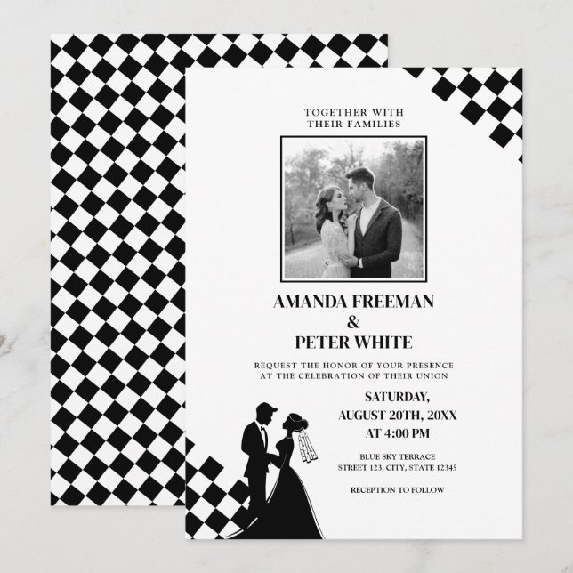 Diagonal Black Silhouette Bold Checkers Wedding Invitation (Front/Back)