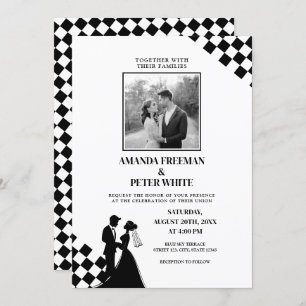 Diagonal Black Silhouette Bold Checkers Wedding Invitation