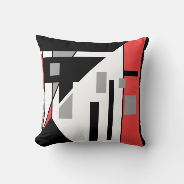 Diagonal Black with Red Gray Geometric Abstract Throw Pillow (Front)