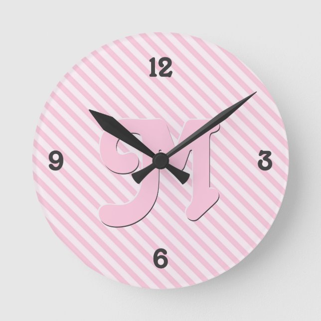 Diagonal Blossom Pink Stripes customize monogram Round Clock (Front)