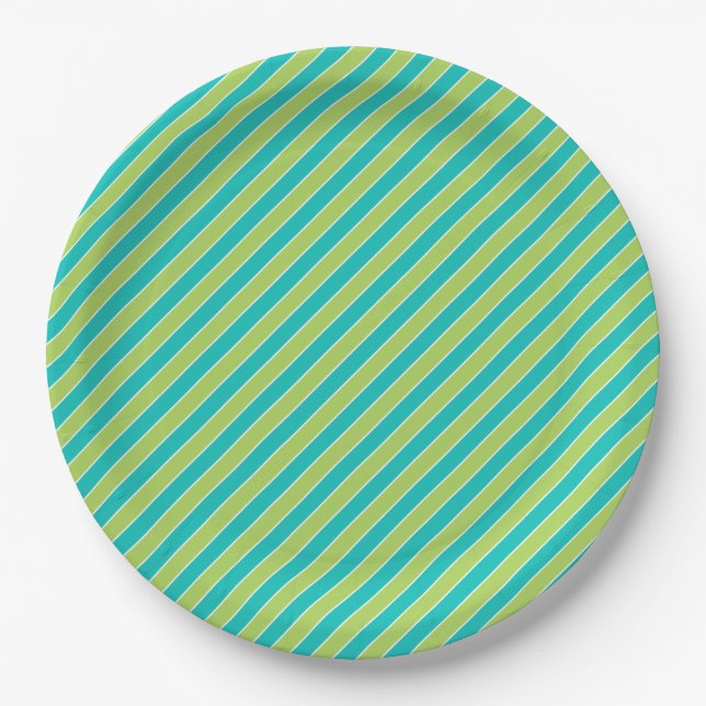 Diagonal Blue and Green Stripe Modern Paper Plates (Front)