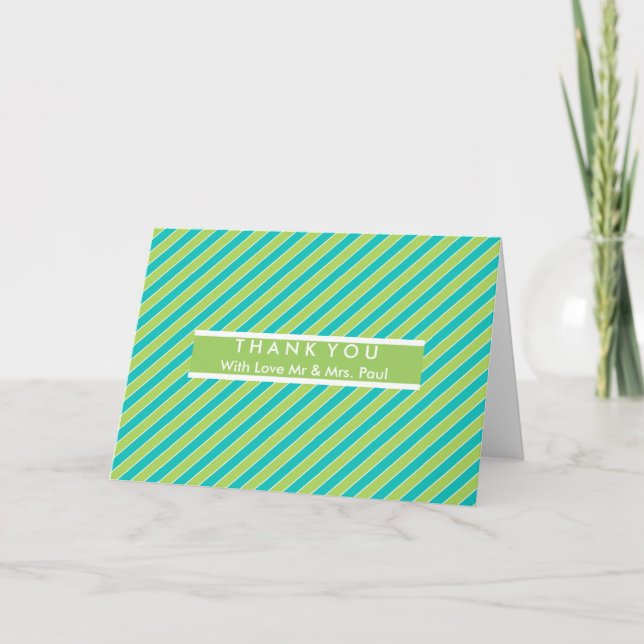Diagonal Blue and Green Stripe Modern Thank You Card (Front)