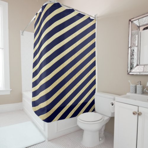 Diagonal Blue  Gold Stripes  Shower Curtain