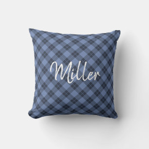 Diagonal Blue Plaid Pattern White Script Name Throw Pillow