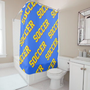 Diagonal Bold Yellow SOCCER Text On Bright Blue Shower Curtain