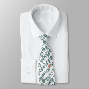 Diagonal Botanical Teal Name Floral Pattern Neck Tie
