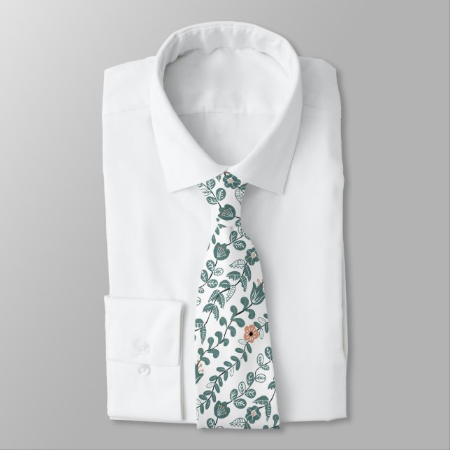Diagonal Botanical Teal Name Floral Pattern Neck Tie (Tied)