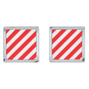 Diagonal Candy Cane Stripes-Christmas Red & White Cufflinks