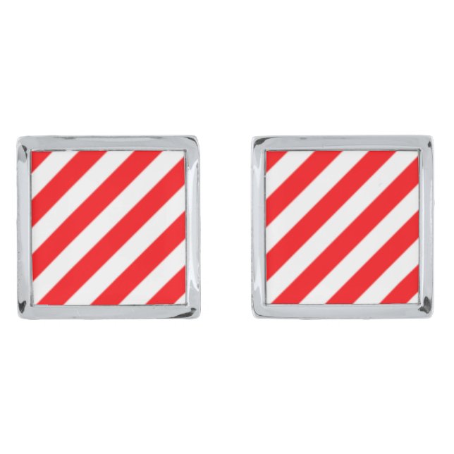 Diagonal Candy Cane Stripes-Christmas Red & White Cufflinks (Front)