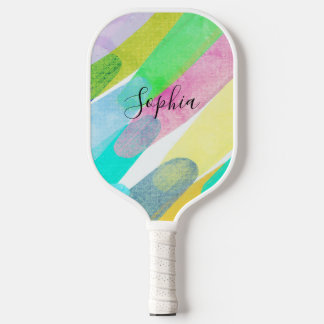 Diagonal Color Strokes, Name, 70s Abstract Art Pickleball Paddle