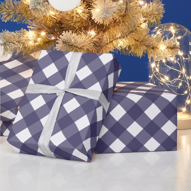Diagonal dark blue and White Buffalo Plaid Wrapping Paper (Holidays)