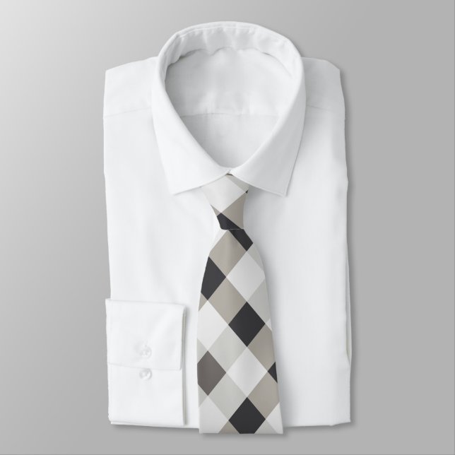 Diagonal Gingham in Charcoal, Light Gray, White Neck Tie (Tied)