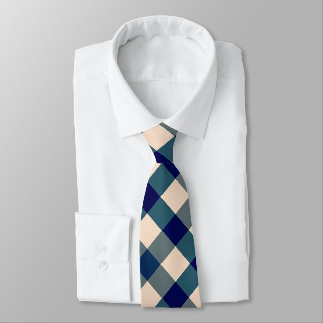 Diagonal Gingham in Peach, Blue Gray, and Navy Neck Tie (Tied)