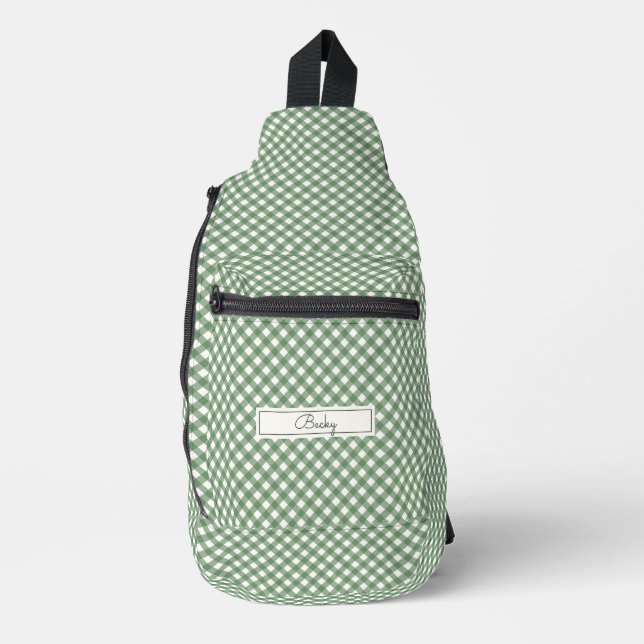 Diagonal Gingham Pattern in Green with Name Sling Bag (Front)